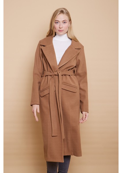 Kaşe Yakalı Cep Kapaklı Cepli Uzun Kaban -Camel fırsatları