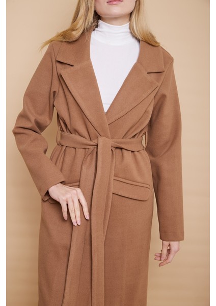 Kaşe Yakalı Cep Kapaklı Cepli Uzun Kaban -Camel indirimleri