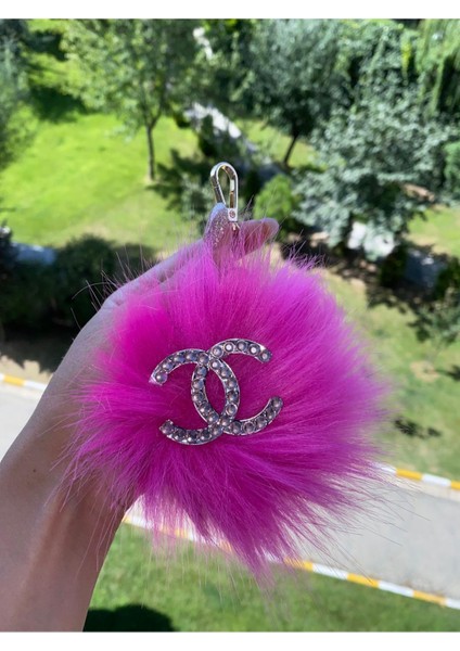 Pembe Tüylü Taşlı Anahtarlık