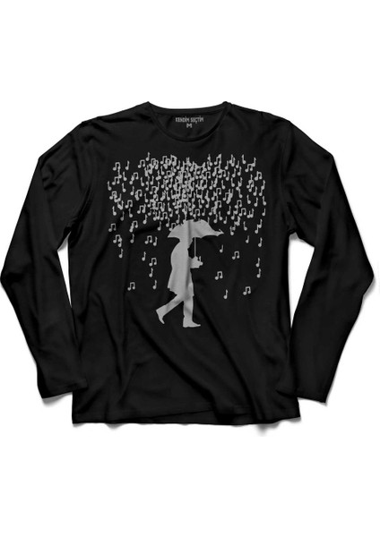 Playing Music In The Raın Nota Yağmuru Şemsiye Uzun Kollu Tişört Baskılı Çocuk T-Shirt