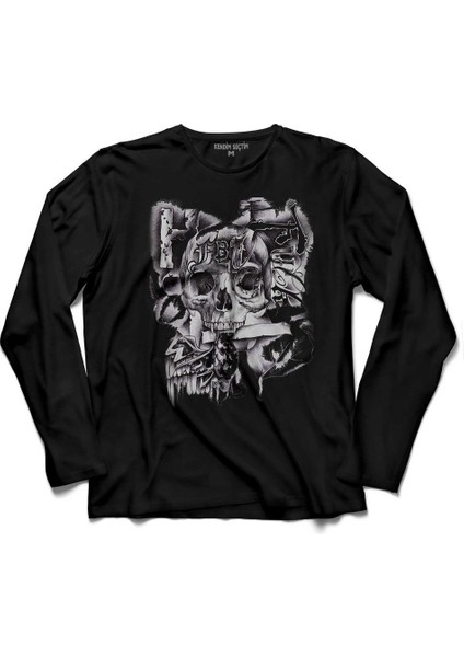 Skull Drawing Kuru Kafa Karayip Korsanları Uzun Kollu Tişört Baskılı Çocuk T-Shirt