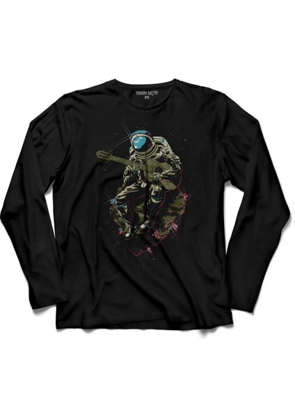 Uzayda Gitar Çalan Astronot Cosmos Galaksi Uzun Kollu Tişört Baskılı Çocuk T-Shirt