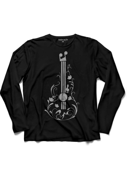 Gitar Çizim Tasarım Nota Müzik Sol Anahtarı Uzun Kollu Tişört Baskılı Çocuk T-Shirt