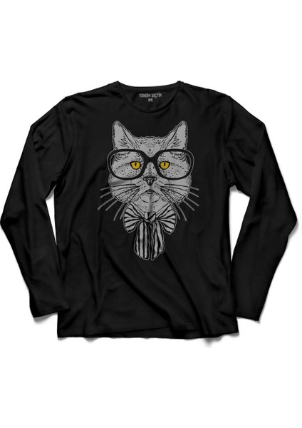 Hipster Cat Hipstir Kedi Wıth Glasses Gözlük 2 Uzun Kollu Tişört Baskılı Çocuk T-Shirt
