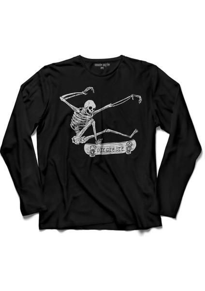 Skateboarding Skeleton Iskelet Skull Kuru Kafa Uzun Kollu Tişört Baskılı Çocuk T-Shirt