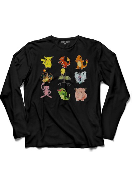 Pokemon All Tüm Karakterler Pıkachu Uzun Kollu Tişört Baskılı Çocuk T-Shirt