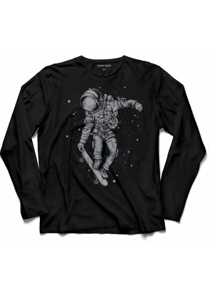 Uzayda Kaykay Astronot Ay Nasa Uzay Cosmos Uzun Kollu Tişört Baskılı Çocuk T-Shirt
