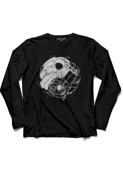 Uçan Çift Astronot Ying Yang Uzay Cosmos Uzun Kollu Tişört Baskılı Çocuk T-Shirt
