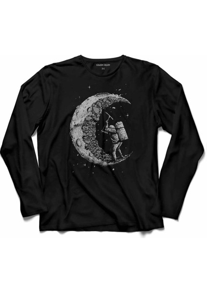 Uzayda Kazma Astronot Cosmos Yarım Ay Nasa Uzun Kollu Tişört Baskılı Çocuk T-Shirt