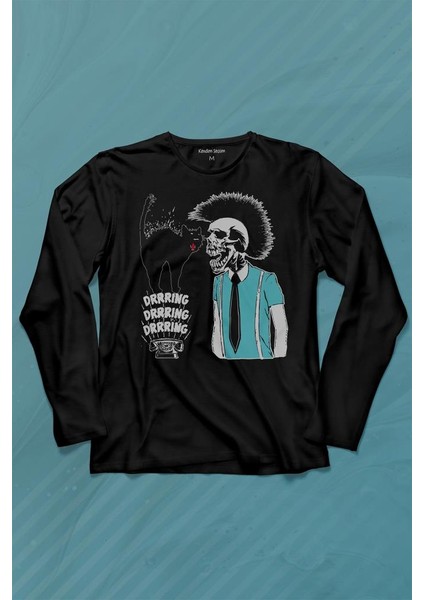 Mohikan Iskelet Adam Kara Kedi Nostalji Telefon Zili Uzun Kollu Tişört Baskılı Çocuk T-Shirt