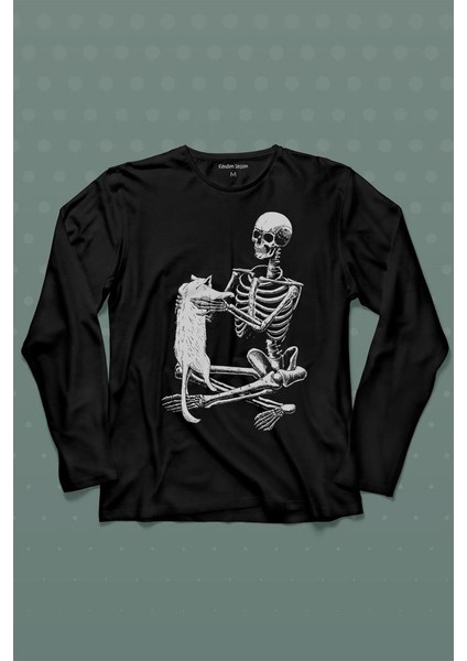 Iskelet Ölünceye Kadar Kedi Seveceğim Skeleton Cat Love Uzun Kollu Tişört Baskılı Çocuk T-Shirt