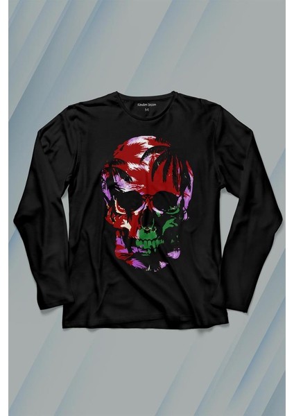 Rengarenk Kafatası Skull Head Lila Renkleri Uzun Kollu Tişört Baskılı Çocuk T-Shirt