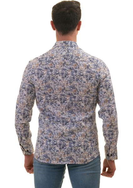 Beyaz Üzeri Mavi Krem Yaprak Baskı Karton Kutulu Slim Fit Uzun Kol Erkek Gömlek fırsatları
