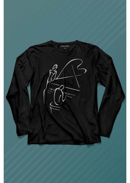 Piyano Başında Romantik Müzik Aşkı Müzikal Aşıkları Uzun Kollu Tişört Baskılı Çocuk T-Shirt