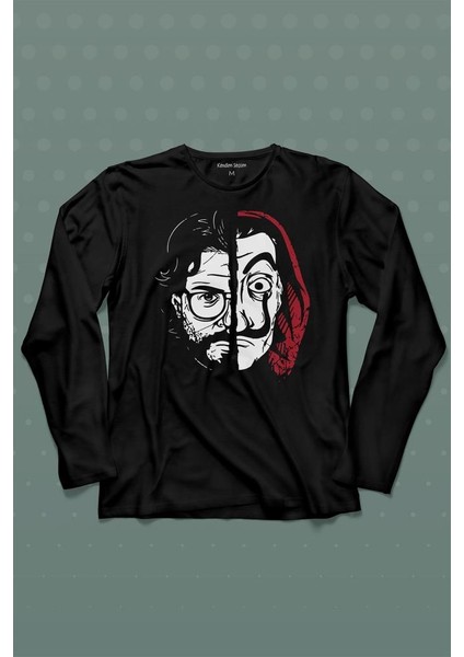 La Casa De Papel Profesör Proffessor Dali Mask Yarım Yüz Half Face Uzun Kollu Tişört Baskılı Çocuk T-Shirt