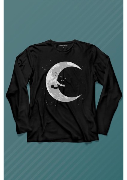 Uzayda Sarılan Ay Aşık Smile Cosmos Gülümsemesi Uzun Kollu Tişört Baskılı Çocuk T-Shirt