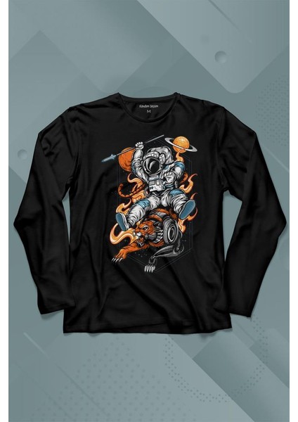Aslan Üstünde Mızraklı Savaşçı Astronot Uzay Uzun Kollu Tişört Baskılı Çocuk T-Shirt