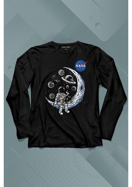Nasa Logolu Ay Ayda Donut Yiyen Astronot Drinkin Coffee Uzun Kollu Tişört Baskılı Çocuk T-Shirt