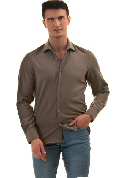 Vizon Kahve Gri Doğal Kışlık Keten Karton Kutulu Slim Fit Uzun Kol Erkek Gömlek