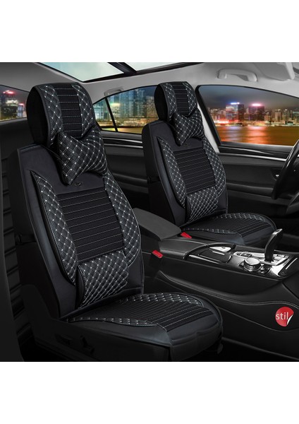 skoda Fabia Uyumlu Lüks Deri Oto Koltuk Kılıfı Ön/arka Set Elit Siyah-Beyaz