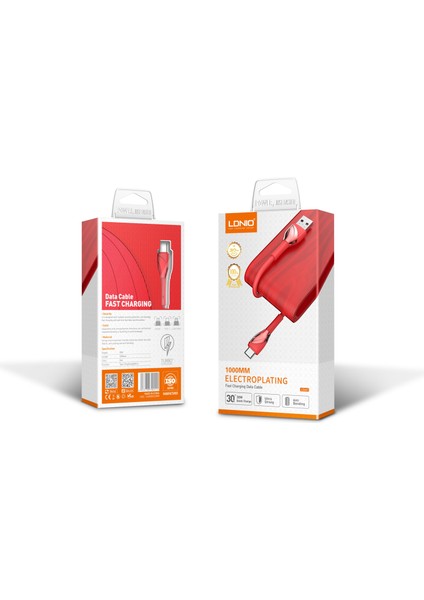 Yüksek Hızlı Şarj Kablosu (2.7A-30W) 1 Metre Lightning (Iphone) Kırmızı