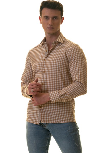 Hardal Sarısı Pötikareli Karton Kutulu Slim Fit Uzun Kol Erkek Gömlek fiyatları