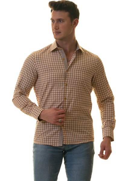 Hardal Sarısı Pötikareli Karton Kutulu Slim Fit Uzun Kol Erkek Gömlek modelleri