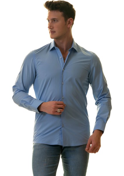Düz Gök Mavisi Sade Karton Kutulu Slim Fit Uzun Kol Erkek Gömlek