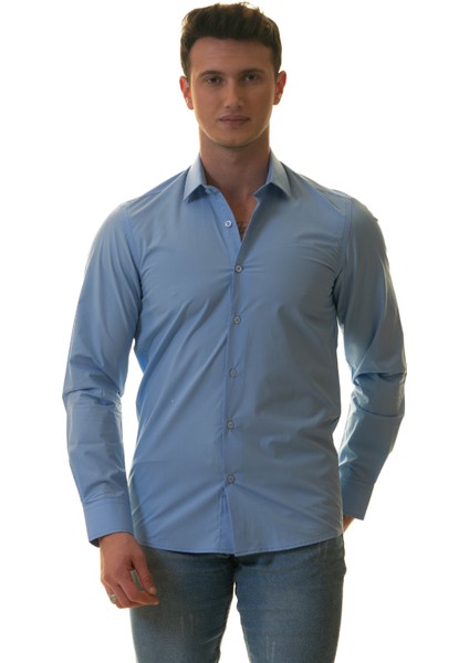 Düz Gök Mavisi Sade Karton Kutulu Slim Fit Uzun Kol Erkek Gömlek modelleri