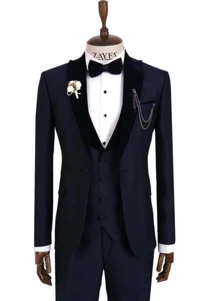 Lacivert Slim Fit Armürlü Kadife Yaka Yelekli Smokin Damatlık