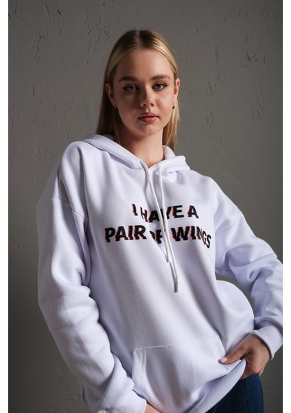 Kadın Sırt Kanat Önü Slogan Baskılı Kapüşonlu Oversize Sweatshirt
