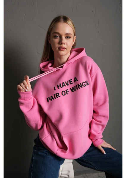 Kadın Sırt Kanat Önü Slogan Baskılı Kapüşonlu Oversize Sweatshirt