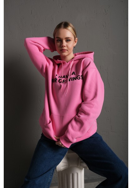 Kadın Sırt Kanat Önü Slogan Baskılı Kapüşonlu Oversize Sweatshirt