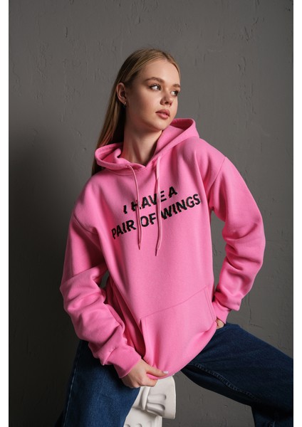 Kadın Sırt Kanat Önü Slogan Baskılı Kapüşonlu Oversize Sweatshirt