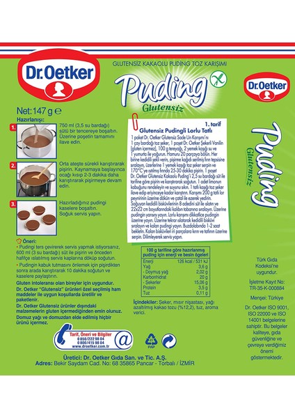 Dr. Oetker Glutensiz Puding Kakaolu 147 gr