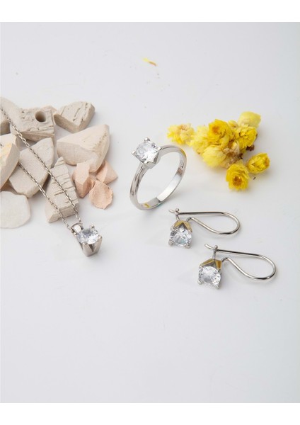 Gümüş Klasik Tek Taş Takı Seti fiyatları