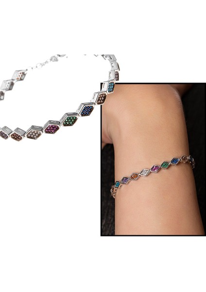Altıgen Multicolor Zirkon Taşlı Tam Tur 925 Ayar Gümüş Kadın Bileklik