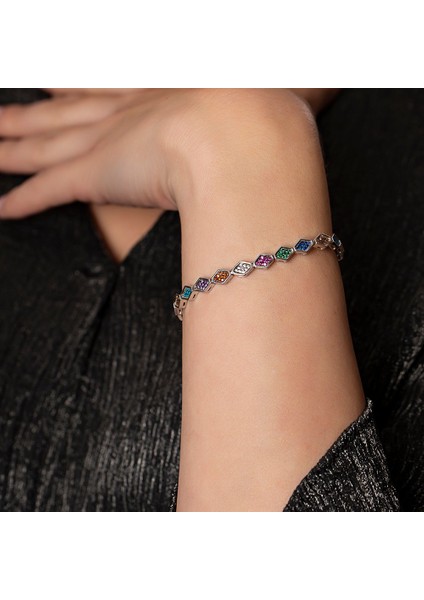 Altıgen Multicolor Zirkon Taşlı Tam Tur 925 Ayar Gümüş Kadın Bileklik