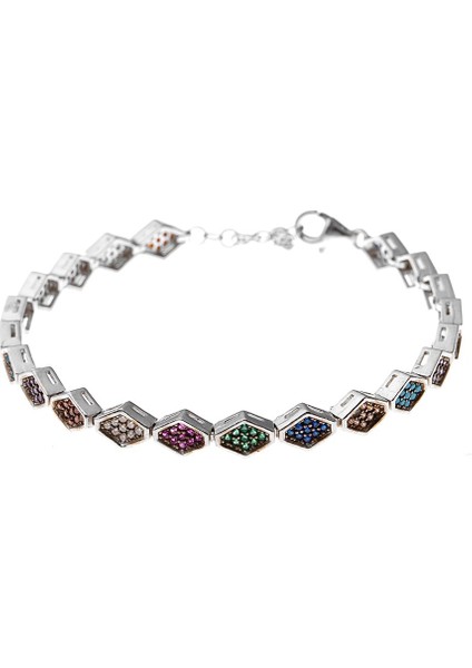 Altıgen Multicolor Zirkon Taşlı Tam Tur 925 Ayar Gümüş Kadın Bileklik