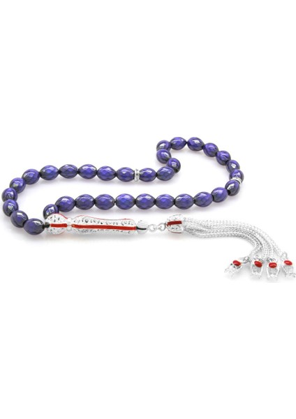 Alpaka Püsküllü Kırmızı Mineli Arpa Kesim His Taşı Tesbih