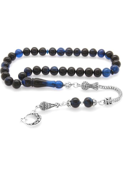 Kararmaz Metal Ayyıldız Püsküllü Küre Kesim Mavi-Siyah Sıkma Kehribar Tesbih