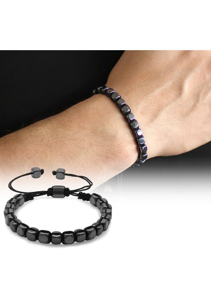 Makrome Örgülü Kapsül Kesim Hematit Doğal Taş Erkek Bileklik