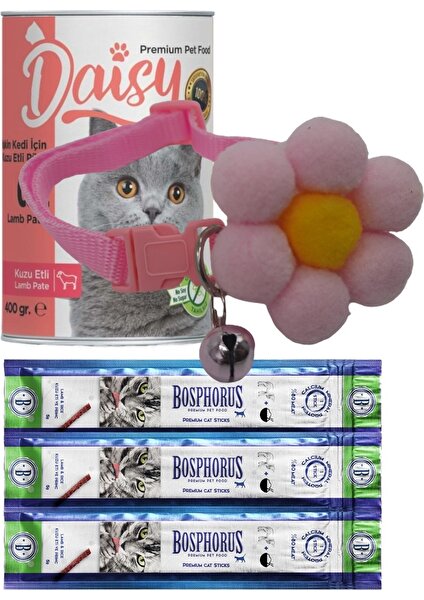 Kuzu Etli Kedi Konserve, Ödül Sticks ve Flowers Boyun Tasma Seti Açık Pembe