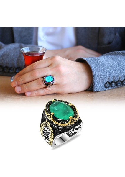 Faset Kesim Soft Yeşil Paraiba Taşlı 925 Ayar Gümüş Erkek Yüzük