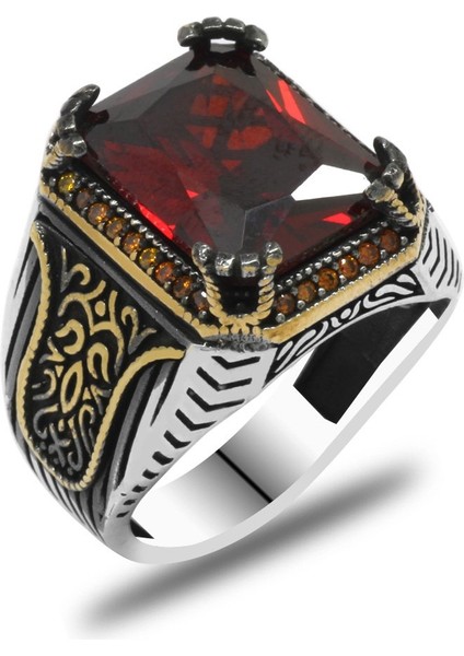 Baget Kesim Kırmızı Zirkon Taşlı Yanları Gotik Süslemeli 925 Ayar Gümüş Erkek Yüzük modelleri