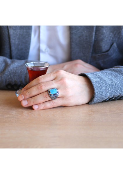 Aqua Paraiba Taşlı Dikdörtgen Tasarım 925 Ayar Gümüş Erkek Yüzük fiyatları