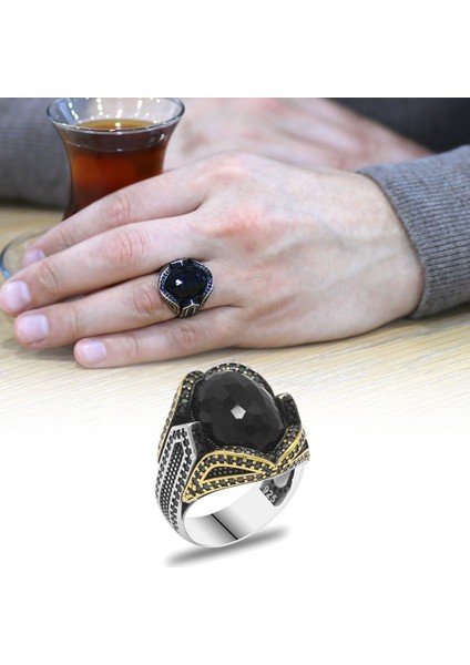 Faset Kesim Siyah Zirkon Taşlı Pagan Tasarım 925 Ayar Gümüş Erkek Yüzük