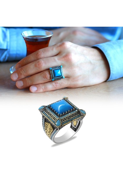 Kare Tasarım Firuze Taşlı Çevresi Mikro Zirkon Taş Mıhlamalı 925 Ayar Gümüş Erkek Yüzük