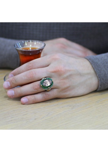 Yeşil Sıkma Kehribar Üzerine Hüsn-I Hat Hasbiyallahyazılı 925 Ayar Gümüş Erkek Yüzük fiyatları