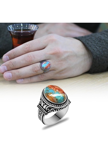 Has Mercan Taşlı Gotik Tasarım 925 Ayar Gümüş Erkek Yüzük